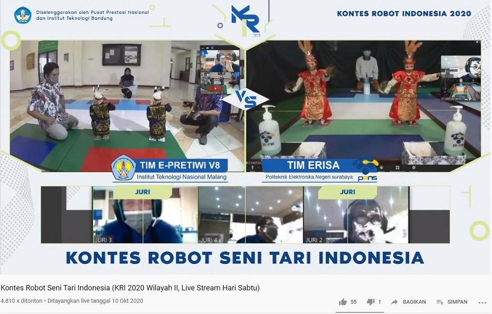 Robot E-Pretiwi V8 ITN Malang di Kontes Robot Seni Tari Indonesia (KRSTI) 2020 yang diselenggarakan secara daring, Sabtu, (10/10/2020). (Foto: Tangkapan layar video live stream youtube)