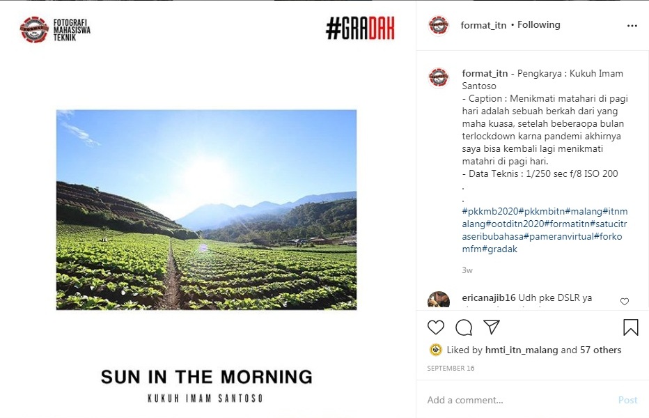 “Sun In The Morning” karya Kukuh Imam Santoso turut menghiasi tampilan feed instagram UKM Format ITN Malang. (Foto: tangkapan layar IG @format_itn)