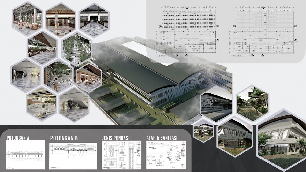 Konsep Stasiun Kereta Api Modern dengan Prinsip Green Architecture karya mahasiswa Arsitektur ITN Malang Juara 3 Student Day of Civil Engineering 15th, Politeknik Negeri Malang (Polinema), Sabtu (21/11/2020). (Foto: Istimewa) 