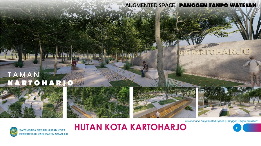 Desain Hutan Kota Kartoharjo yang dilengkapi dengan jogging track, panggung, ramp panorama, dan tribun. 