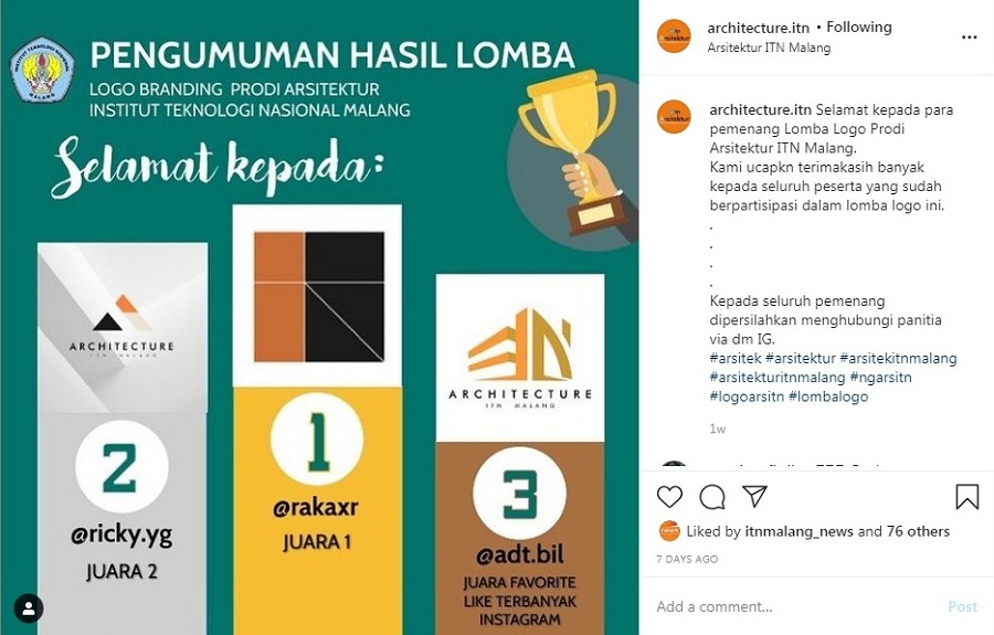 Program Studi Arsitektur ITN Malang menggelar Lomba Desain Logo Branding Prodi Arsitektur untuk menjaring ide dan gagasan dari mahasiswa dan alumni Arsitektur. (Foto: Tangkapan layar instagram @architecture.itn)