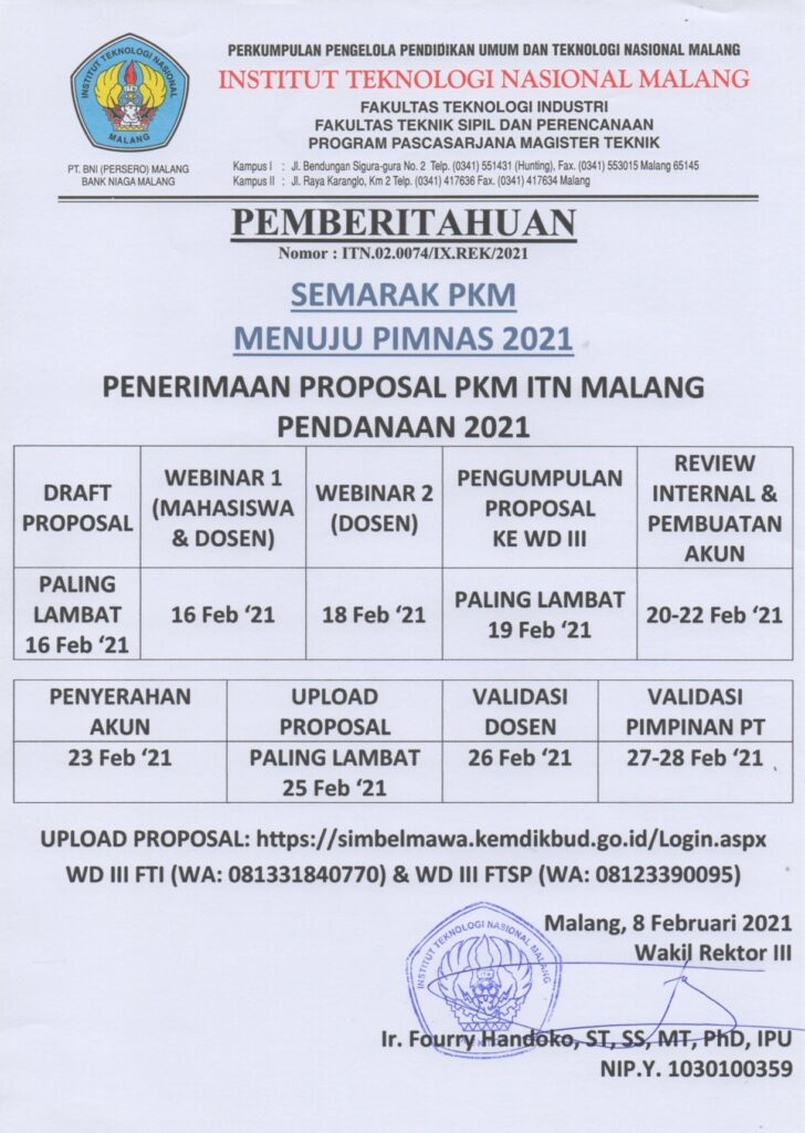 Penerimaan Proposal PKM ITN Malang Pendanaan 2021