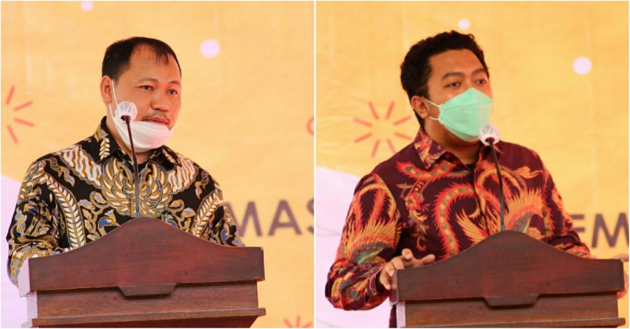 Ki-ka: Harum Akhmad Zuhdi, Direktur Operasi II EPC PT Wijaya Karya (WIKA) dan Reynaldi Wijaya, perwakilan Direksi PT Surya Utama Nuansa (Sun Energy) saat memberi sambutan pada groundbreaking PLTS ITN Malang. (Foto: Yanuar/humas)