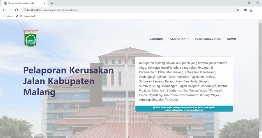 Tampilan website Pelaporan Kerusakan Jalan di Kabupaten Malang karya Tutut Suryani mahasiswa Teknik Informatika S-1 ITN Malang. (Foto: Istimewa)