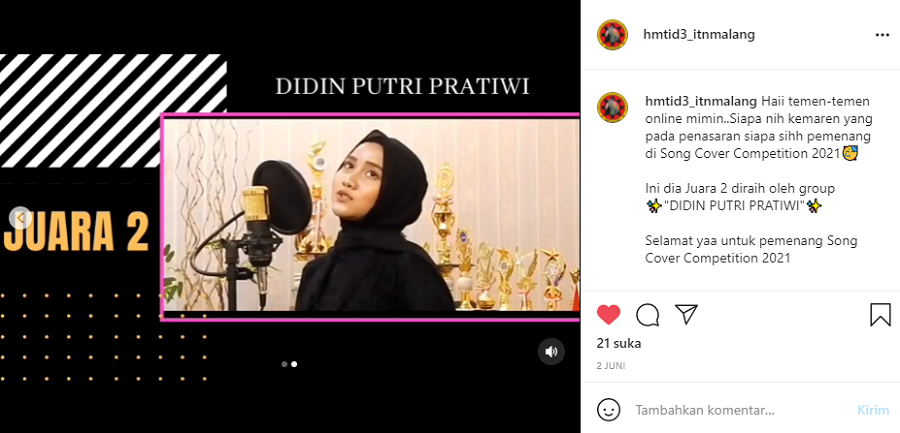 Didin Putri Pratiwi dari SMA Nasional Malang sebagai juara dua dalam Song Cover Competition 2021 Himpunan Mahasiswa Teknik Industri D3 ITN Malang. (Foto: Tangkapan layar Instagram @hmtid3_itnmalang)