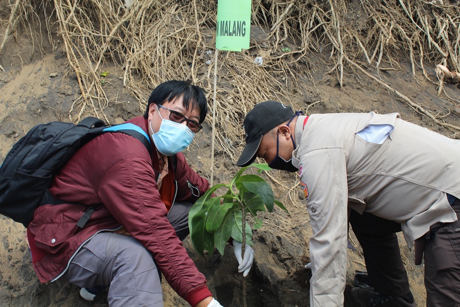 Kepala Humas ITN Malang, F.X. Ariwibisono, ST., M.Kom (kiri) menanam pohon mangrove. (Foto/Istimewa)